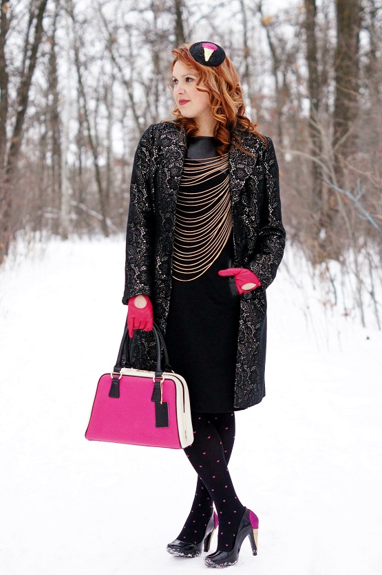 Winnipeg Fashion Blog, Canadian Fashion Blog, Danier Leather black gold brocade embroidered dress coat jacket, Vedette Shapewear Emilie Shaping full bodysuit, Danier leather Milano collection sheath dress pockets, BCBG Max Azria gold body chain necklace, Danier leather fuschia hot pink driving gloves, self made DIY ice cream sparkle fascinator hat, Danier leather pink white leather handbag purse, Forever 21 black pink heart tights, Karl Lagerfeld for Melissa collaboration sparkle ice cream black plastic rubber shoes